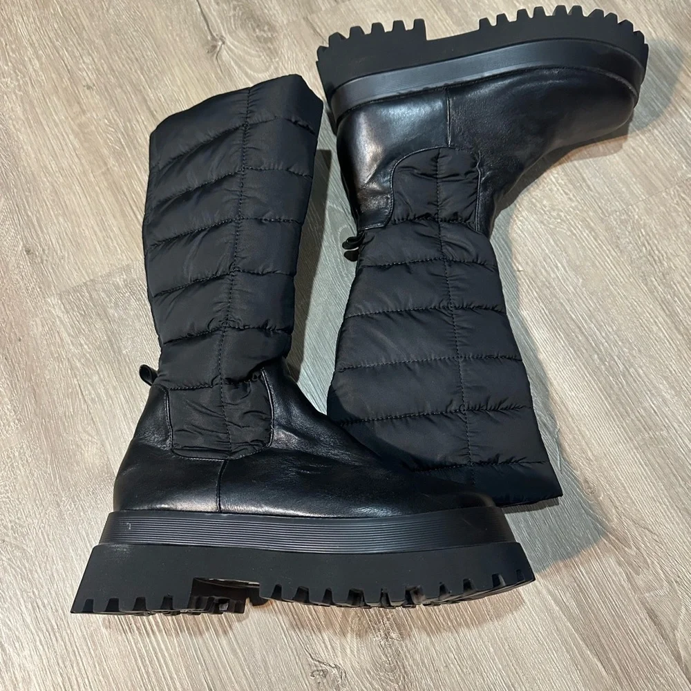 Nasty Gal Black Quilted Knee-High Platform Boots Lug Sole Zip EU 38 US 7-7.5